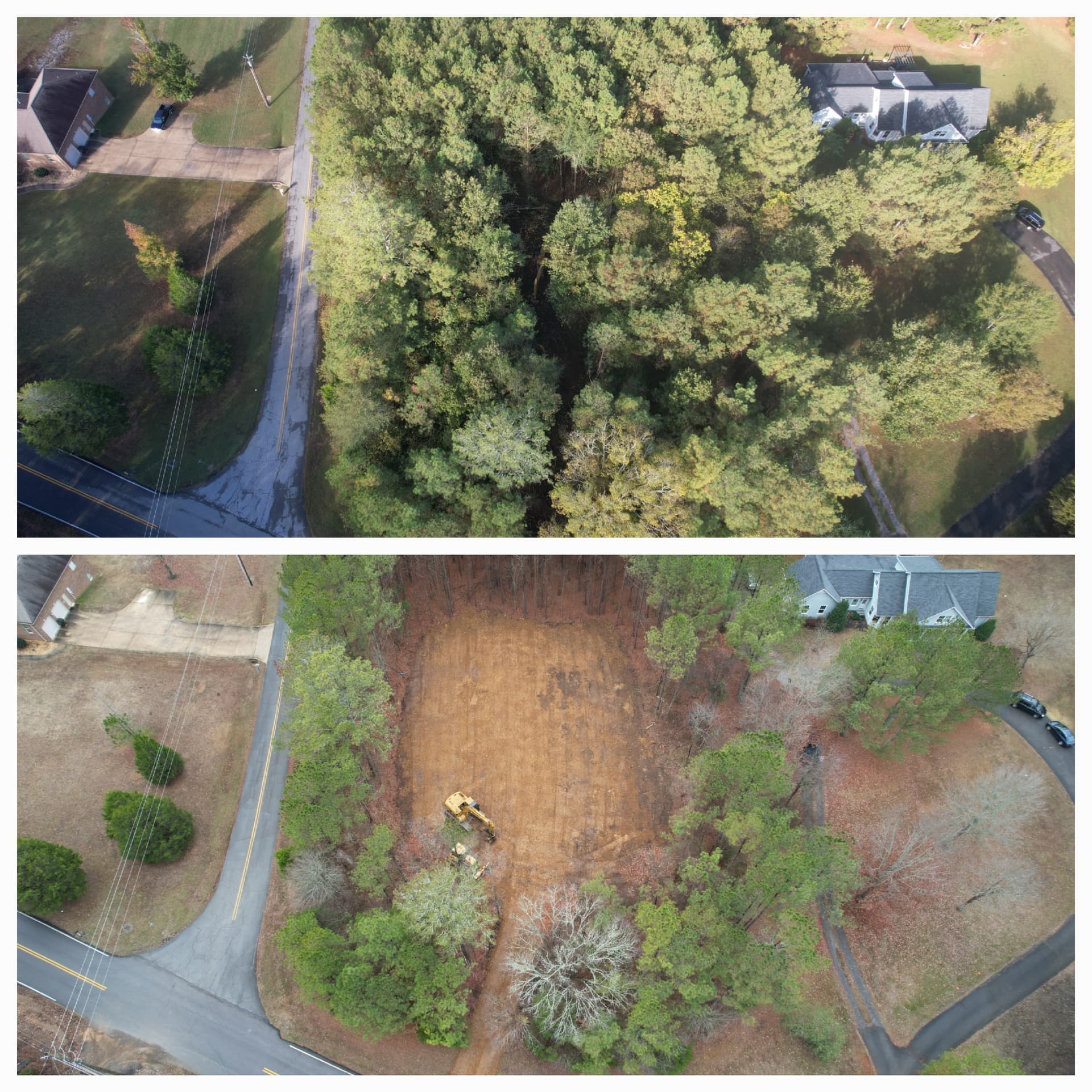 Aerial before and after of a wooded lot cleared for a building pad